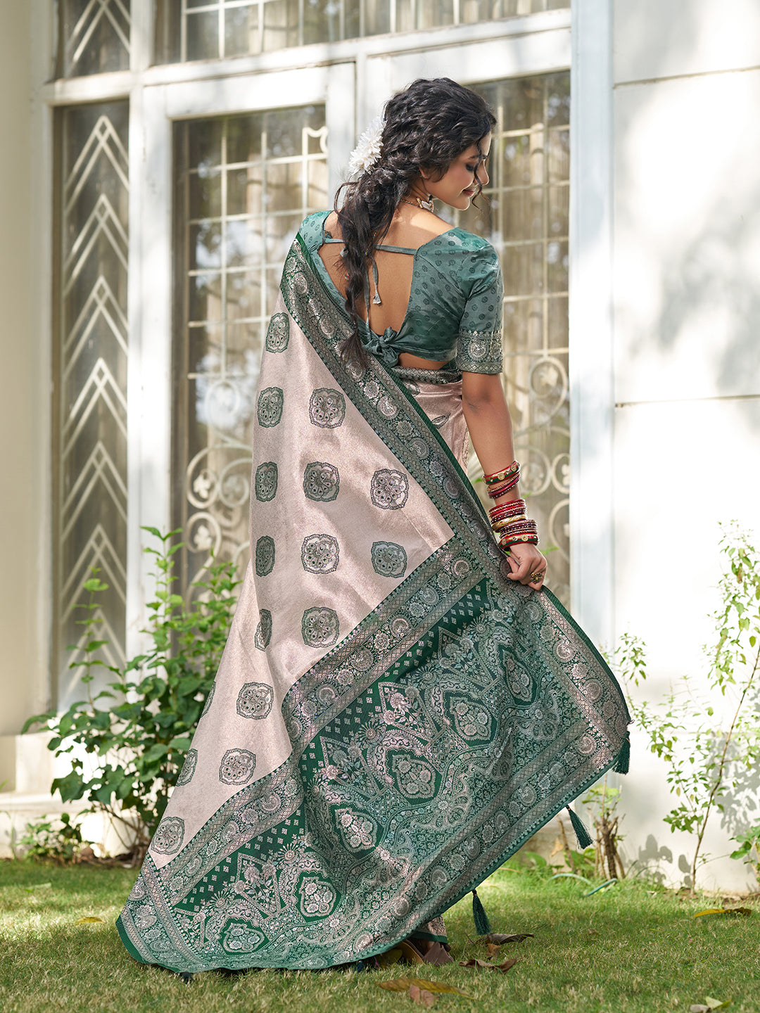Sutriti Women's Beige Banarasi Silk Saree with Dark Green Border | Festive Wedding PSofty Ethnic