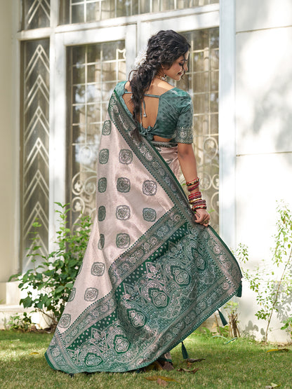 Sutriti Women's Beige Banarasi Silk Saree with Dark Green Border | Festive Wedding PSofty Ethnic