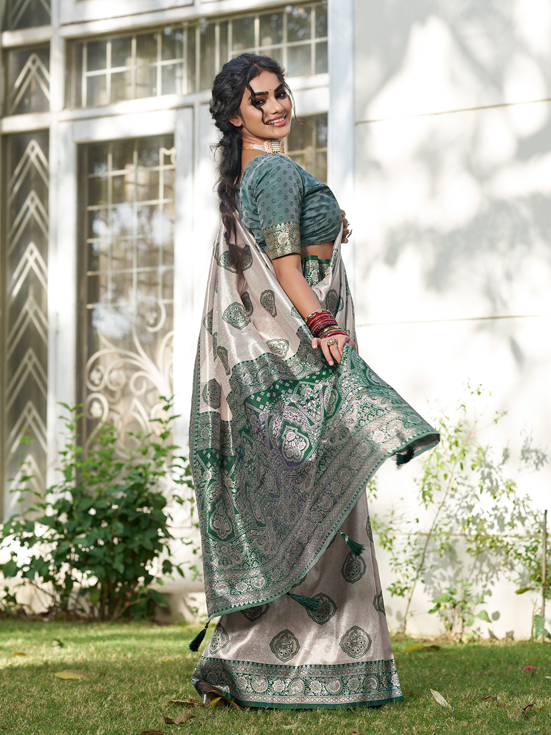 Sutriti Women's Beige Banarasi Silk Saree with Dark Green Border | Festive Wedding PSofty Ethnic