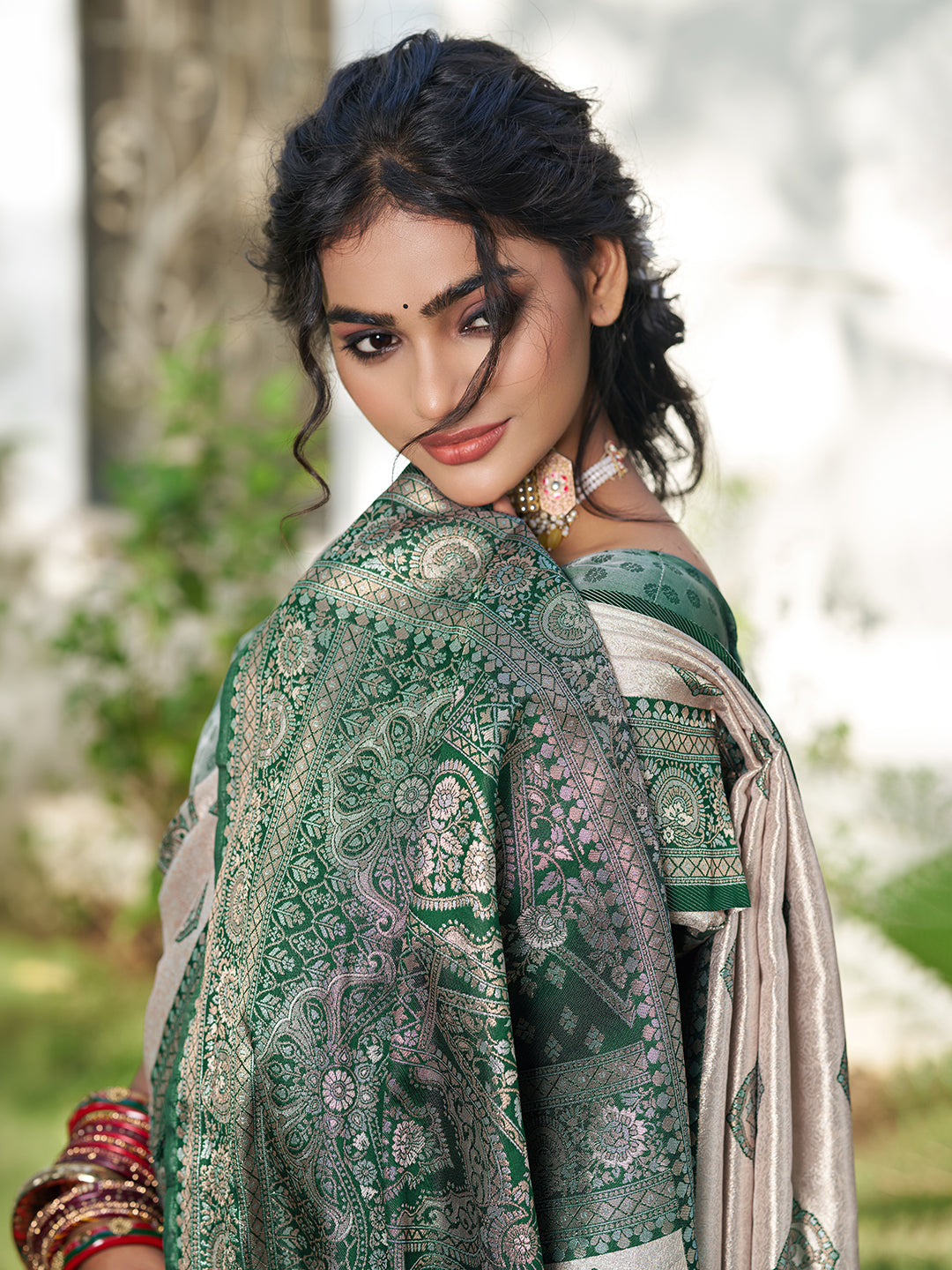 Sutriti Women's Beige Banarasi Silk Saree with Dark Green Border | Festive Wedding PSofty Ethnic