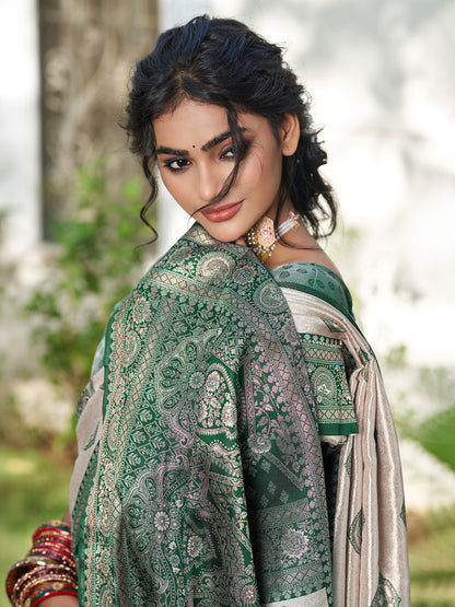 Sutriti Women's Beige Banarasi Silk Saree with Dark Green Border | Festive Wedding PSofty Ethnic