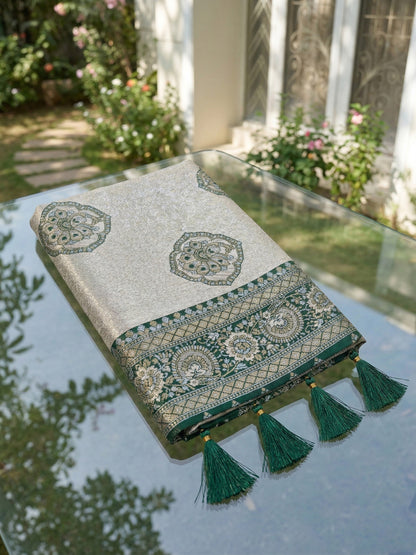 Sutriti Women's Beige Banarasi Silk Saree with Dark Green Border | Festive Wedding PSofty Ethnic