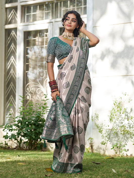 Sutriti Women's Beige Banarasi Silk Saree with Dark Green Border | Festive Wedding PSofty Ethnic