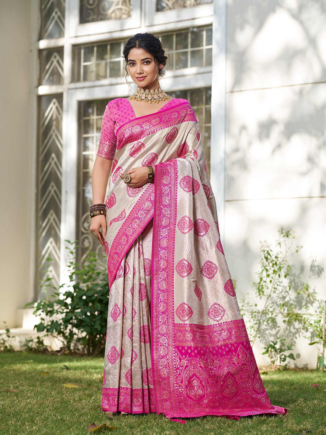 Sutriti Women's Beige Banarasi Silk Saree with Rani Pink Border | Festive Wedding PSofty Ethnic