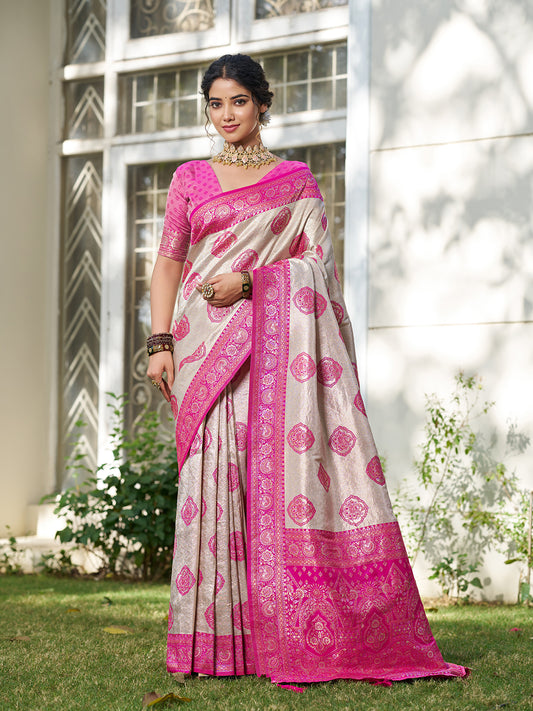 Sutriti Women's Beige Banarasi Silk Saree with Rani Pink Border | Festive Wedding PSofty Ethnic