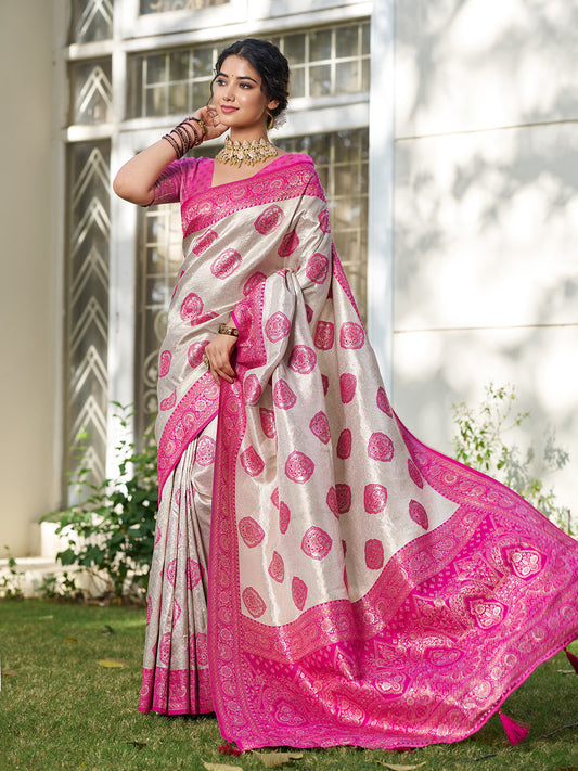 Sutriti Women's Beige Banarasi Silk Saree with Rani Pink Border | Festive Wedding PSofty Ethnic