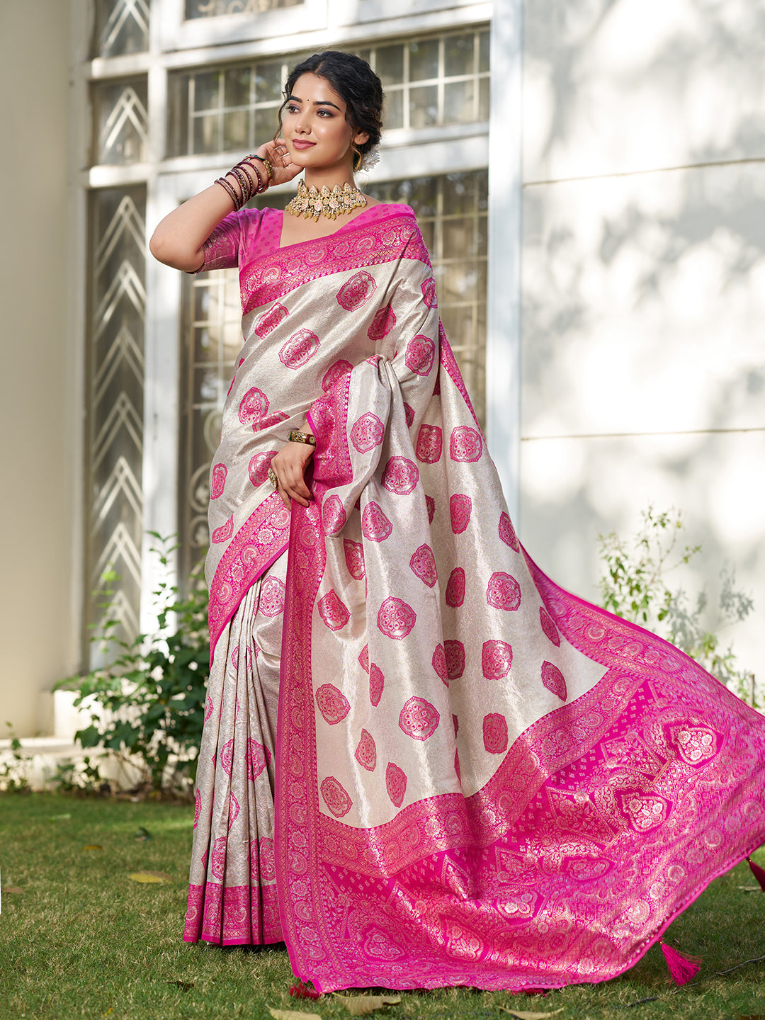 Sutriti Women's Beige Banarasi Silk Saree with Rani Pink Border | Festive Wedding PSofty Ethnic