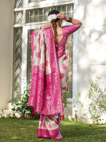 Sutriti Women's Beige Banarasi Silk Saree with Rani Pink Border | Festive Wedding PSofty Ethnic