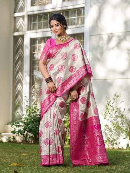 Sutriti Women's Beige Banarasi Silk Saree with Rani Pink Border | Festive Wedding PSofty Ethnic