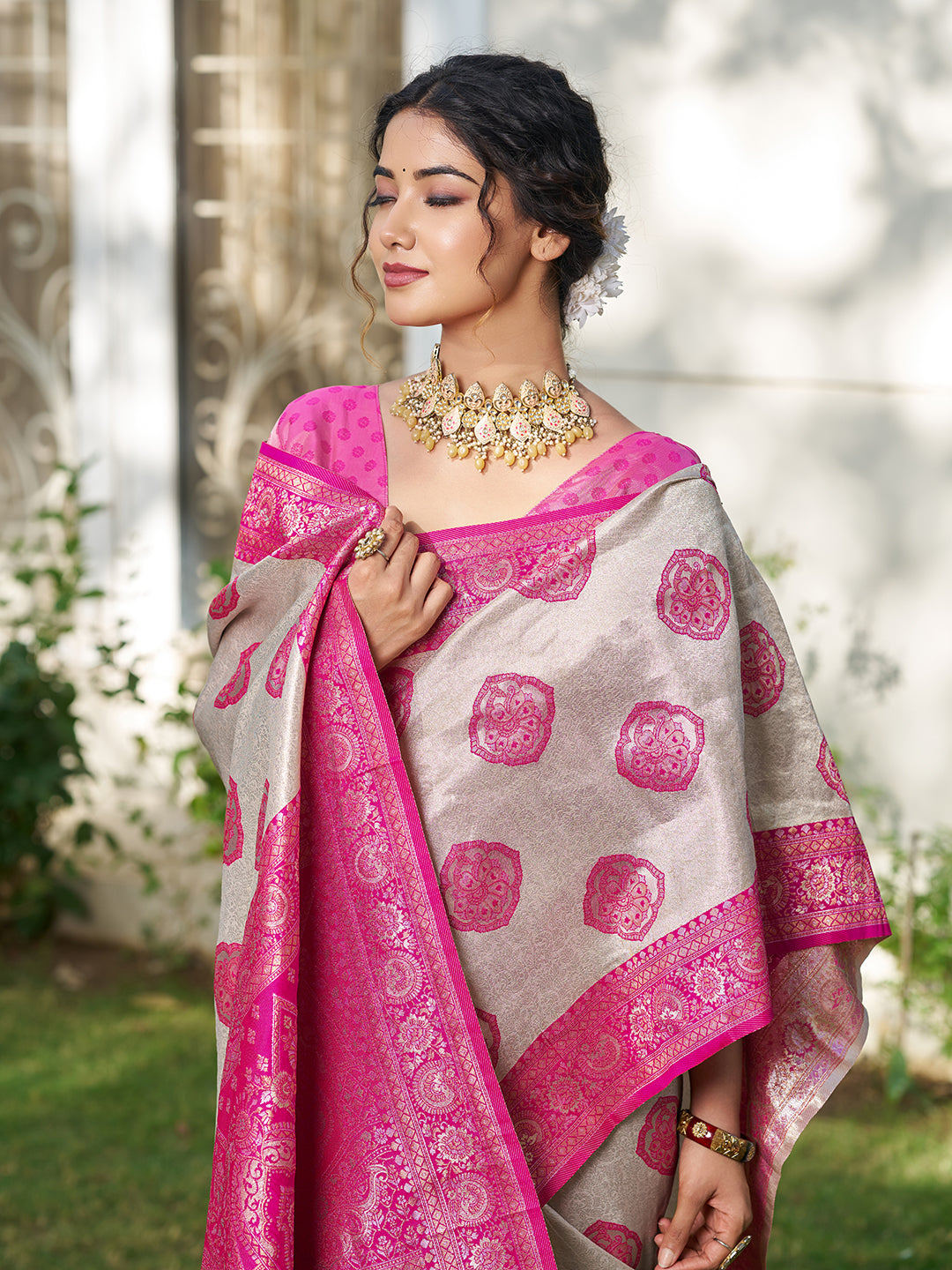 Sutriti Women's Beige Banarasi Silk Saree with Rani Pink Border | Festive Wedding PSofty Ethnic