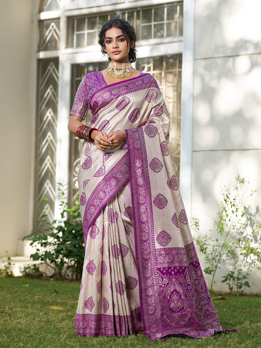 Sutriti Women's Beige Banarasi Silk Saree with Blue Border | Festive Wedding PSofty Ethnic Wear
