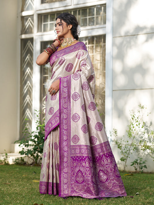Sutriti Women's Beige Banarasi Silk Saree with Blue Border | Festive Wedding PSofty Ethnic Wear