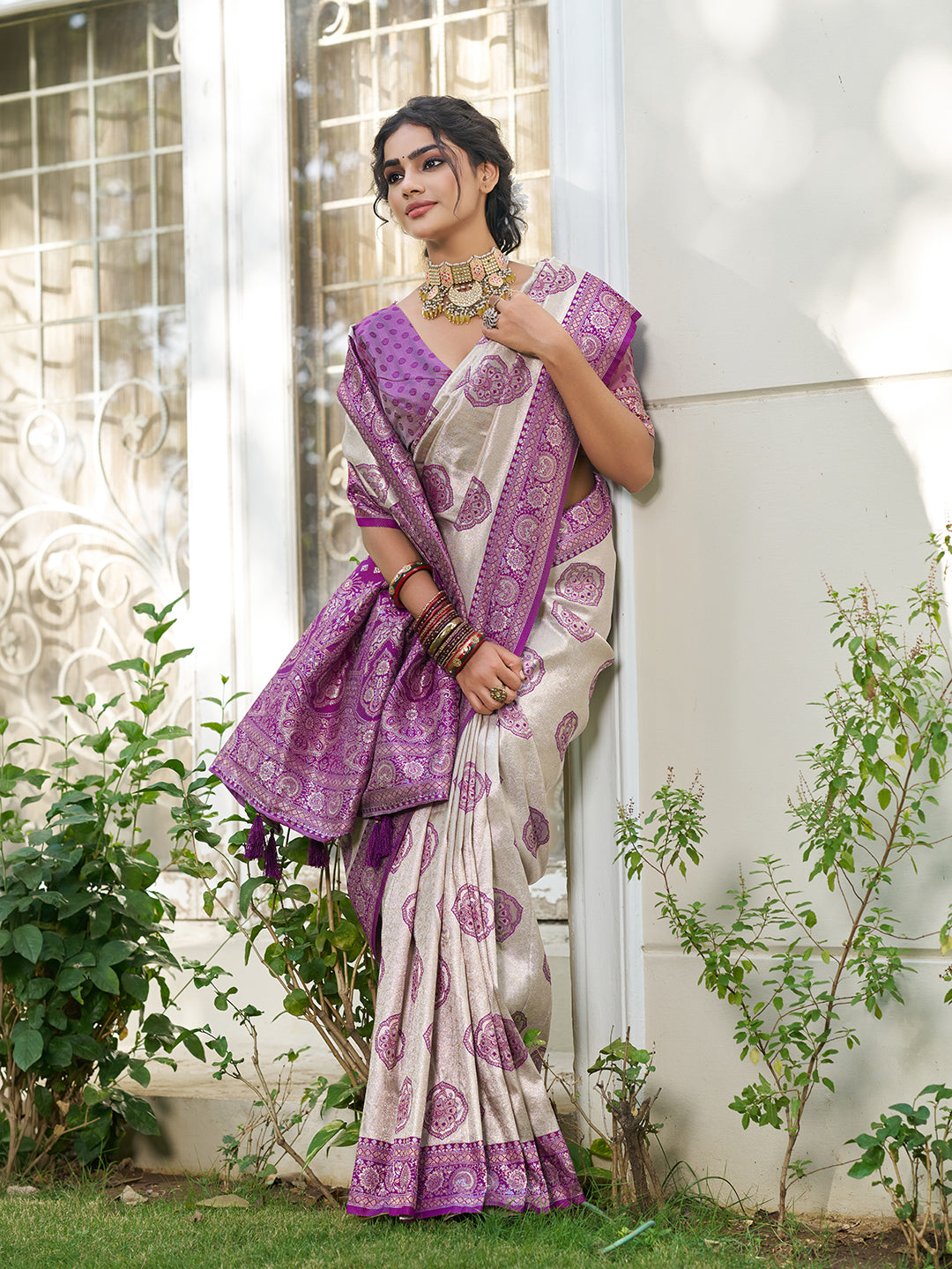 Sutriti Women's Beige Banarasi Silk Saree with Blue Border | Festive Wedding PSofty Ethnic Wear