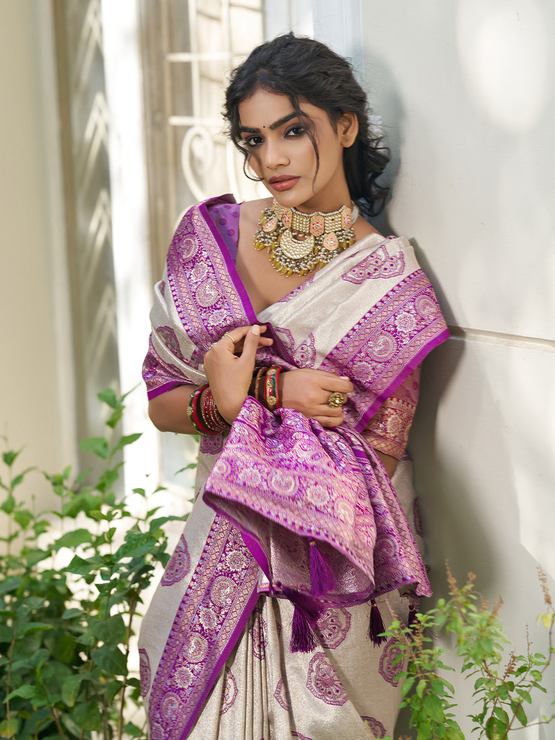 Sutriti Women's Beige Banarasi Silk Saree with Blue Border | Festive Wedding PSofty Ethnic Wear