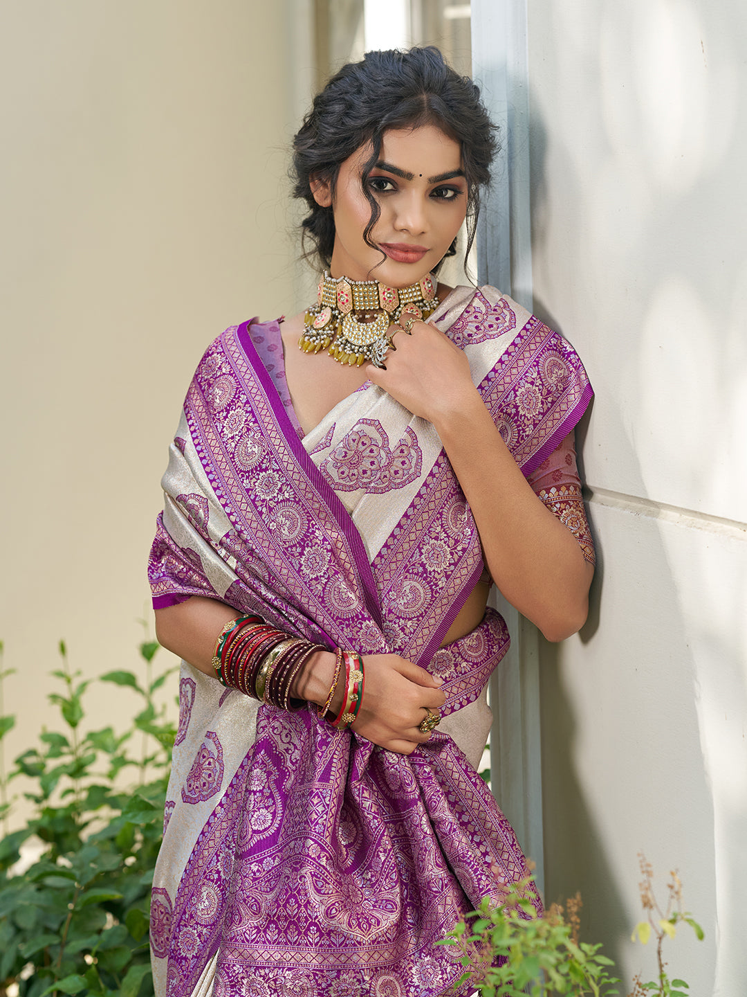 Sutriti Women's Beige Banarasi Silk Saree with Blue Border | Festive Wedding PSofty Ethnic Wear