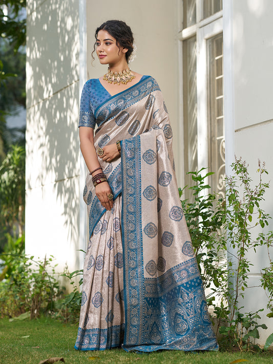 Sutriti Women's Beige Banarasi Silk Saree with Blue Border | Festive Wedding PSofty Ethnic Wear