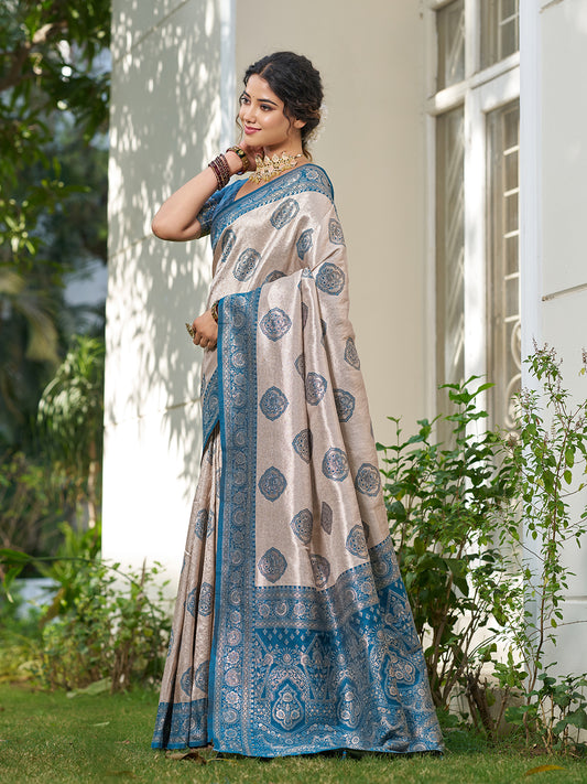Sutriti Women's Beige Banarasi Silk Saree with Blue Border | Festive Wedding PSofty Ethnic Wear