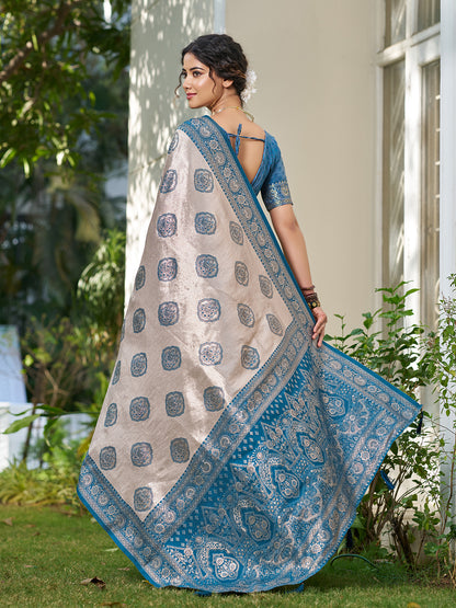 Sutriti Women's Beige Banarasi Silk Saree with Blue Border | Festive Wedding PSofty Ethnic Wear