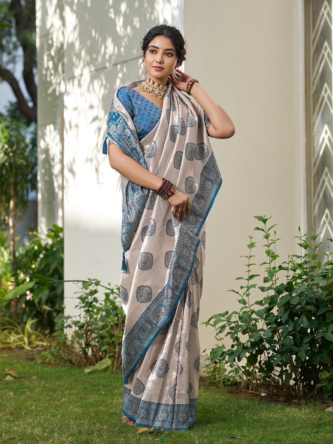 Sutriti Women's Beige Banarasi Silk Saree with Blue Border | Festive Wedding PSofty Ethnic Wear