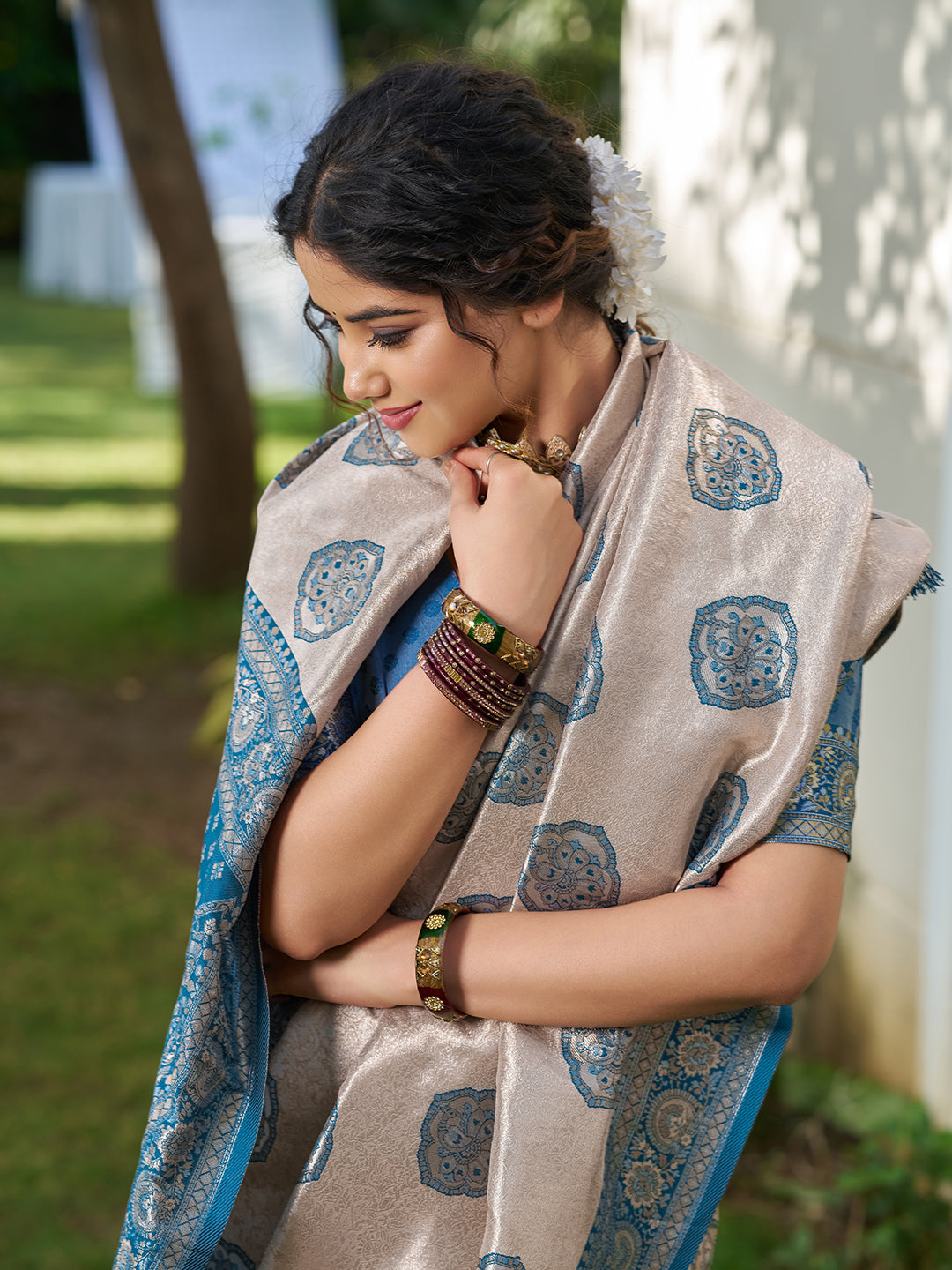 Sutriti Women's Beige Banarasi Silk Saree with Blue Border | Festive Wedding PSofty Ethnic Wear