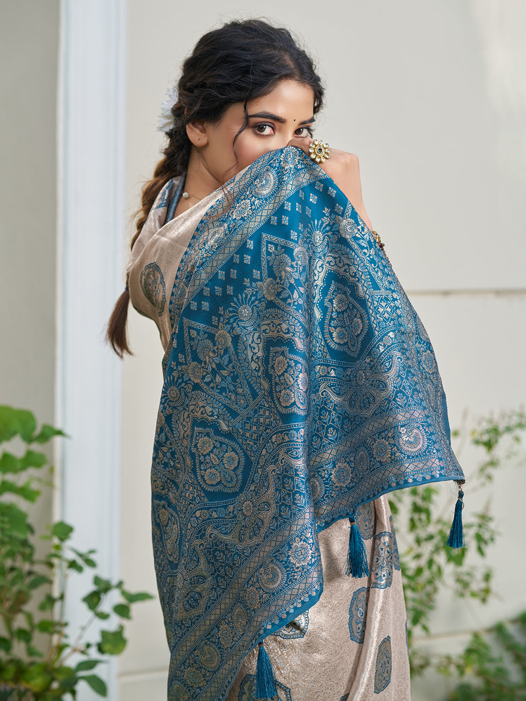 Sutriti Women's Beige Banarasi Silk Saree with Blue Border | Festive Wedding PSofty Ethnic Wear