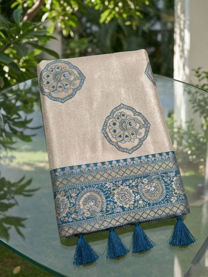 Sutriti Women's Beige Banarasi Silk Saree with Blue Border | Festive Wedding PSofty Ethnic Wear