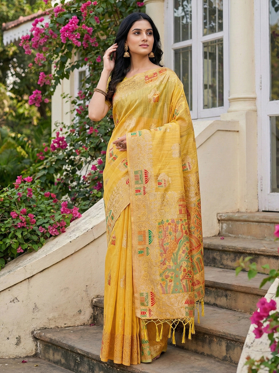 Sutriti mustard yellow tissue silk artisanal woven pallu wedding saree artisanal pallu collection