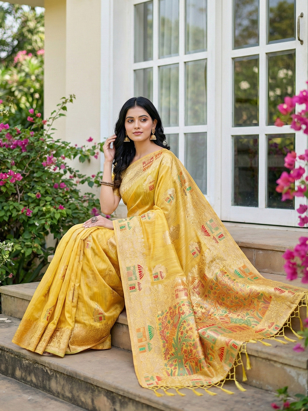 Sutriti mustard yellow tissue silk artisanal woven pallu wedding saree artisanal pallu collection