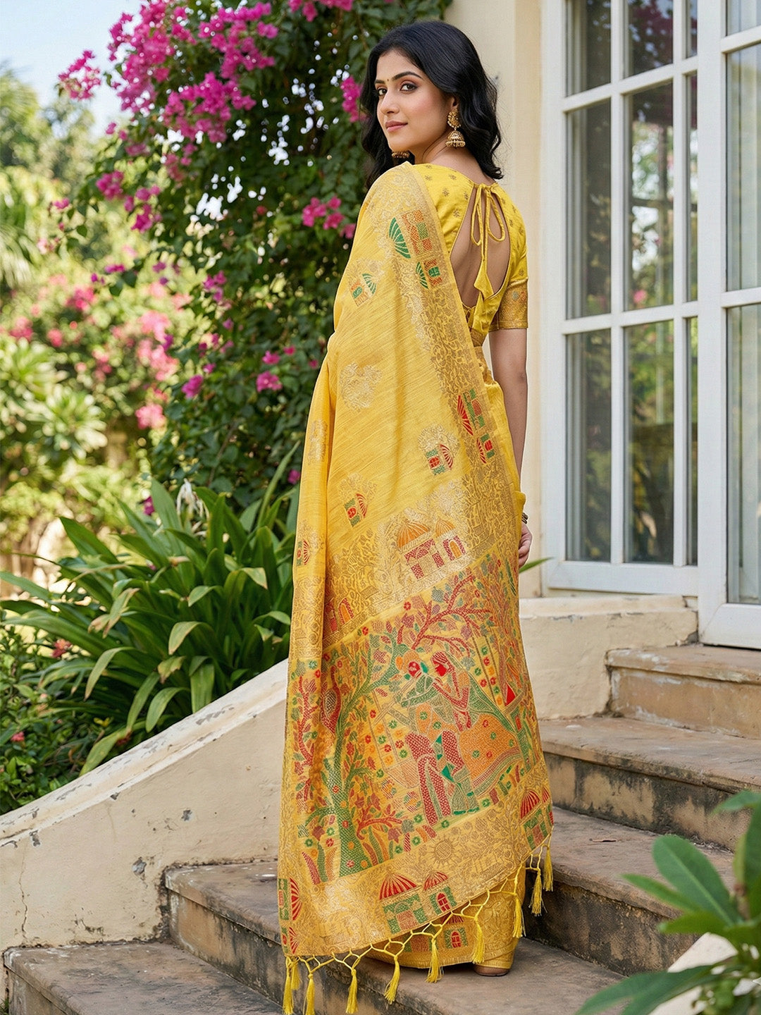 Sutriti mustard yellow tissue silk artisanal woven pallu wedding saree artisanal pallu collection