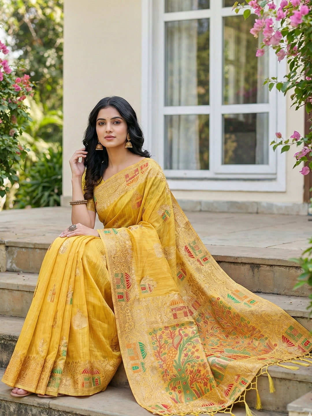 Sutriti mustard yellow tissue silk artisanal woven pallu wedding saree artisanal pallu collection