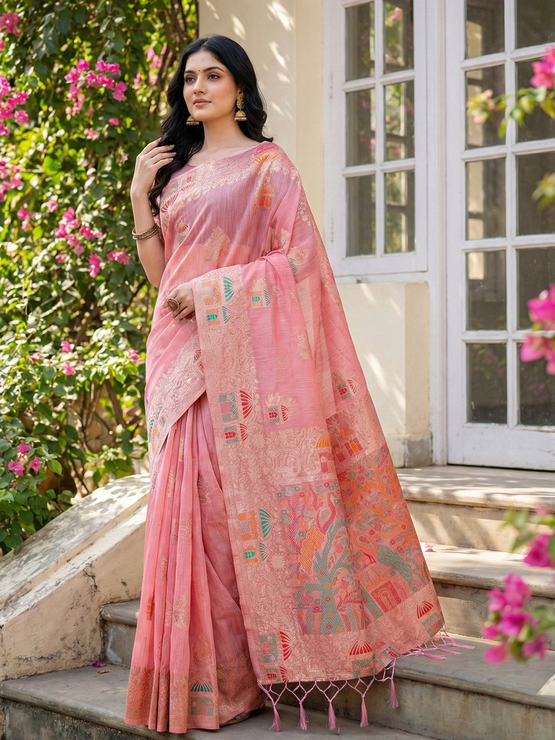 Sutriti pink tissue silk artisanal woven pallu wedding saree artisanal pallu collection