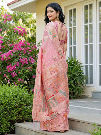 Sutriti pink tissue silk artisanal woven pallu wedding saree artisanal pallu collection