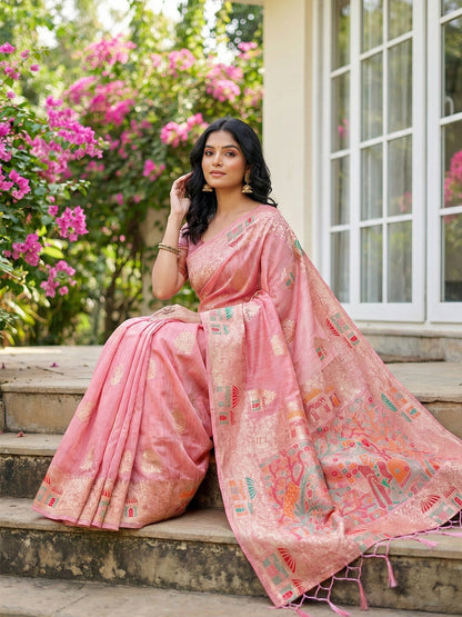 Sutriti pink tissue silk artisanal woven pallu wedding saree artisanal pallu collection
