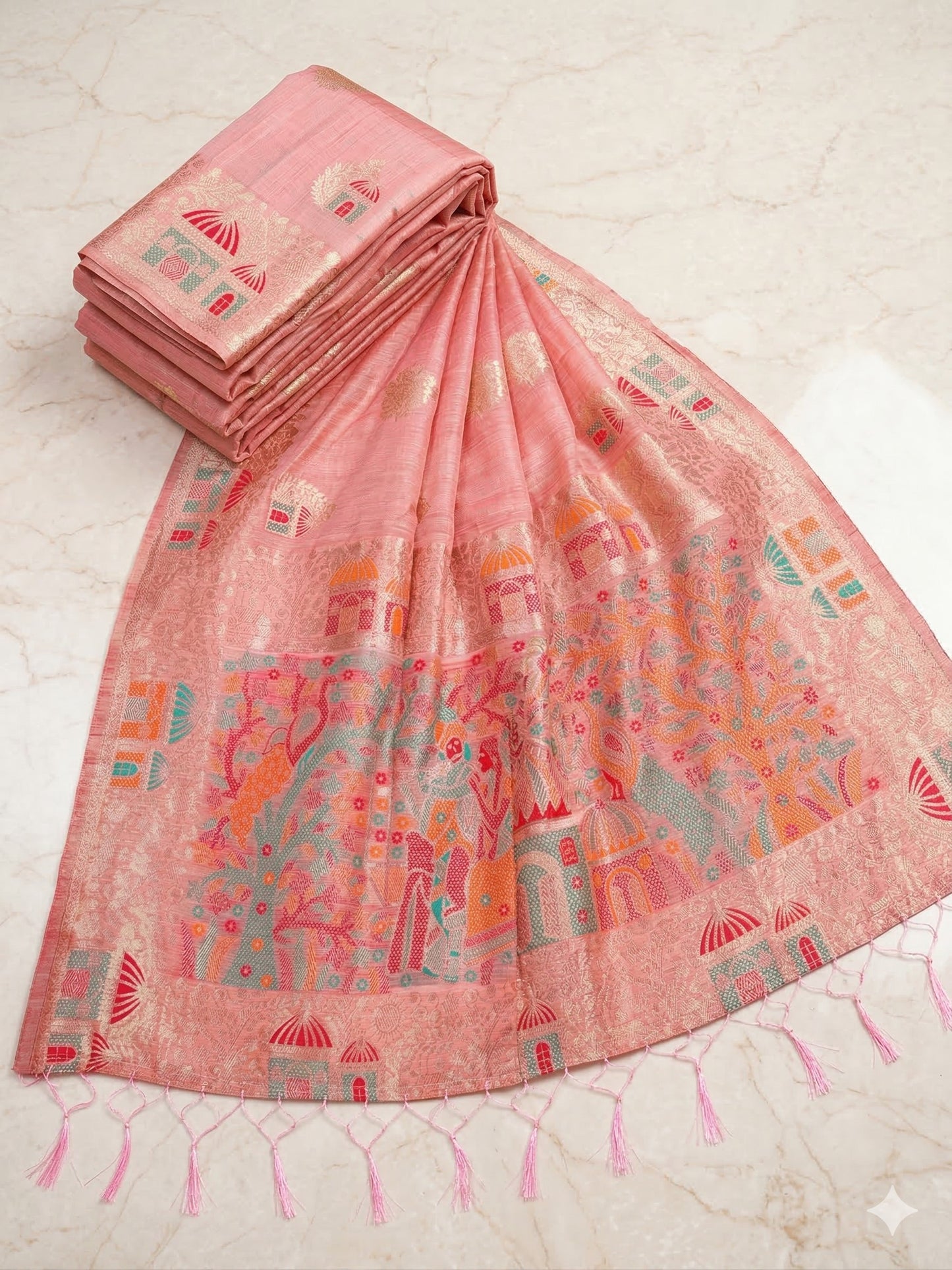 Sutriti Pink Linen Artisanal Pallu Saree With Blouse Piece