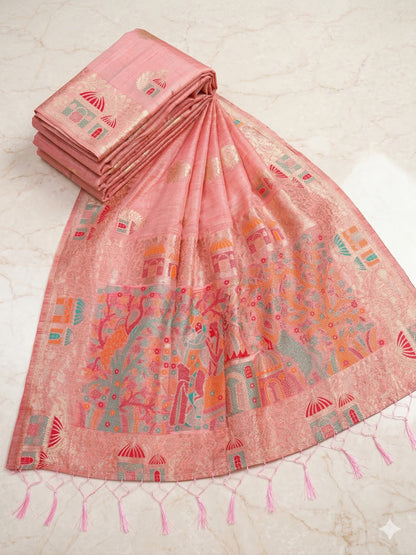 Sutriti Pink Linen Artisanal Pallu Saree With Blouse Piece