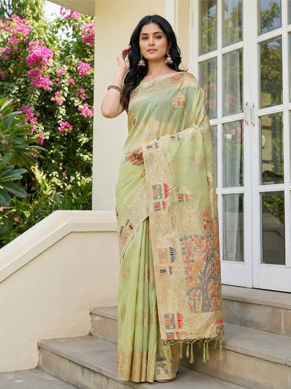 Sutriti Pista Green Woven Linen Saree with Artistic Pallu & Tassels | Elegant Traditional Wear