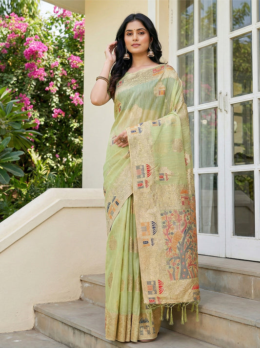 Sutriti Pista Green Woven Linen Saree with Artistic Pallu & Tassels | Elegant Traditional Wear