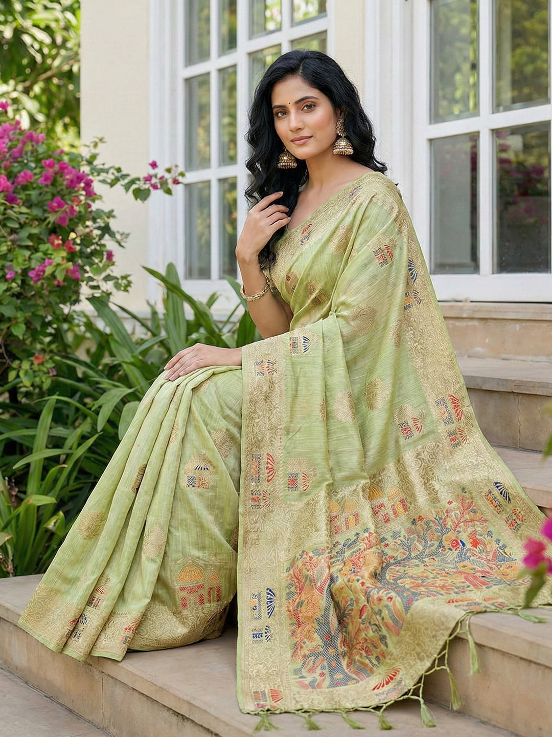 Sutriti Pista Green Woven Linen Saree with Artistic Pallu & Tassels | Elegant Traditional Wear