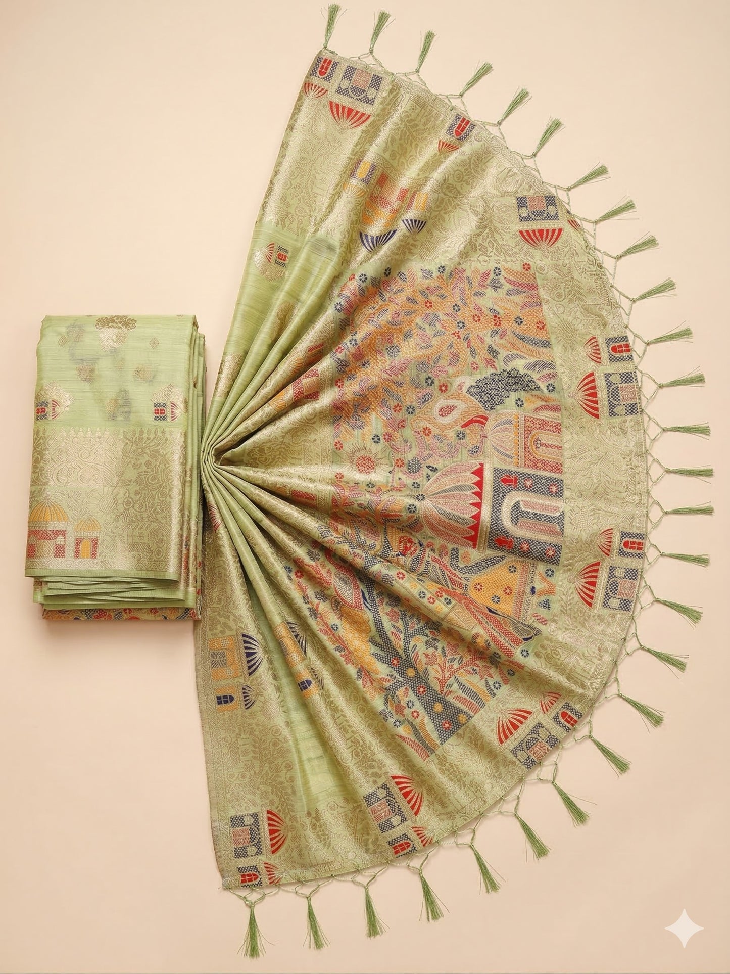 Sutriti Pista Green Woven Linen Saree with Artistic Pallu & Tassels | Elegant Traditional Wear