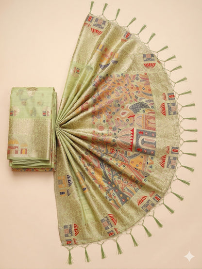 Sutriti Pista Green Woven Linen Saree with Artistic Pallu & Tassels | Elegant Traditional Wear