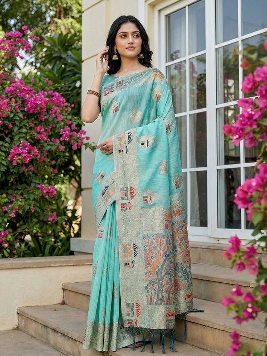 Sutriti Sea Green Woven Linen Saree with Artistic Pallu & Tassels | Festive & Party Wear Linen Saree