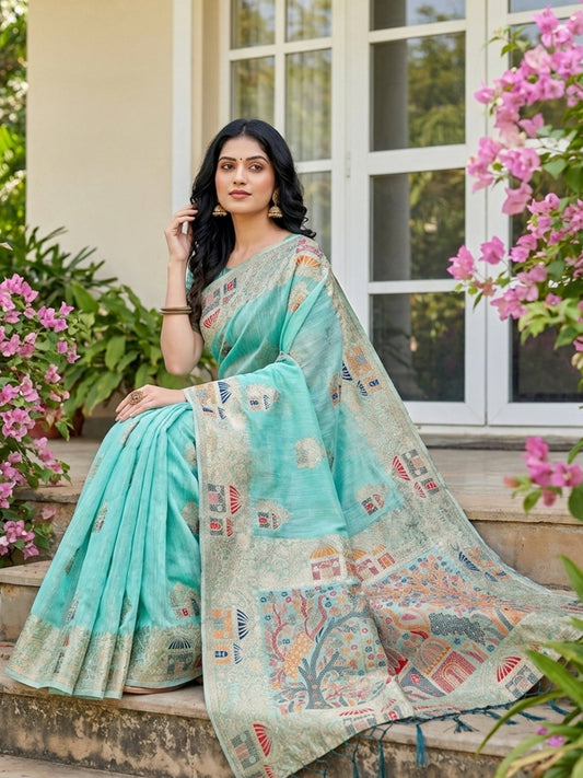 Sutriti Sea Green Woven Linen Saree with Artistic Pallu & Tassels | Festive & Party Wear Linen Saree