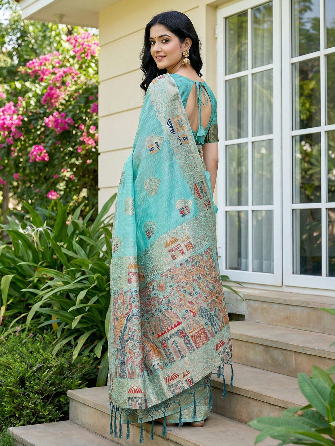 Sutriti Sea Green Woven Linen Saree with Artistic Pallu & Tassels | Festive & Party Wear Linen Saree