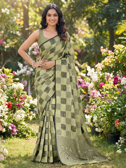 Sutriti Women Olive Green & Black Checkered Linen Blend Saree with Floral Pallu