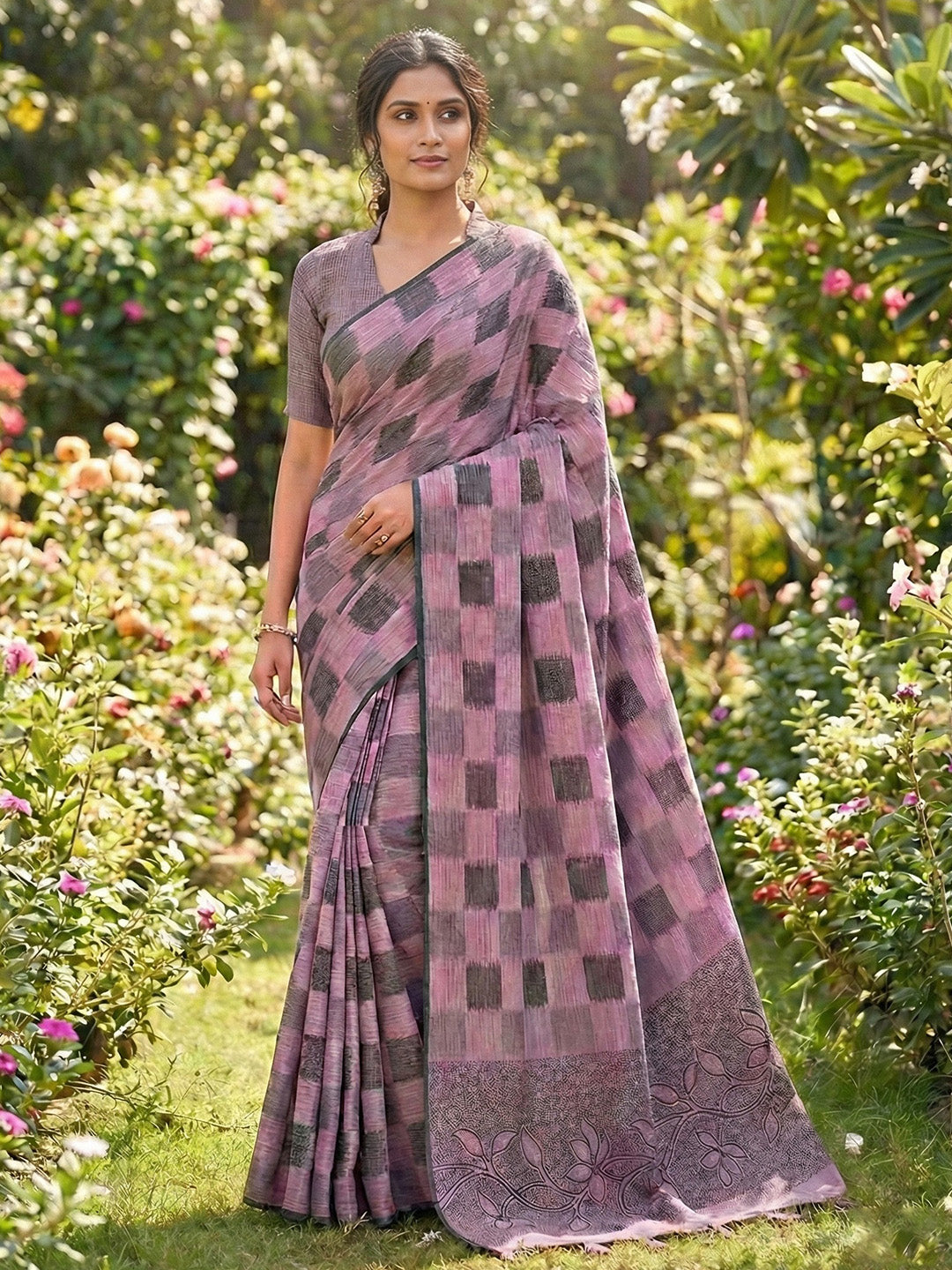 Sutriti Women Mauve & Black Checkered Linen Blend Saree with Floral Pallu