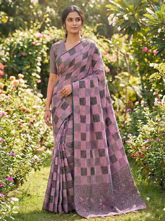 Sutriti Women Mauve & Black Checkered Linen Blend Saree with Floral Pallu