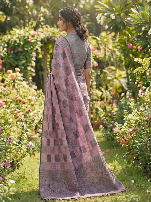 Sutriti Women Mauve & Black Checkered Linen Blend Saree with Floral Pallu