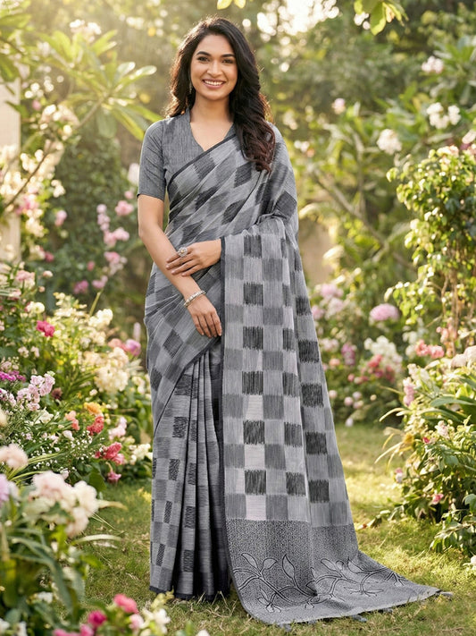 Sutriti Women Grey & Black Checkered Linen Blend Saree with Floral Pallu