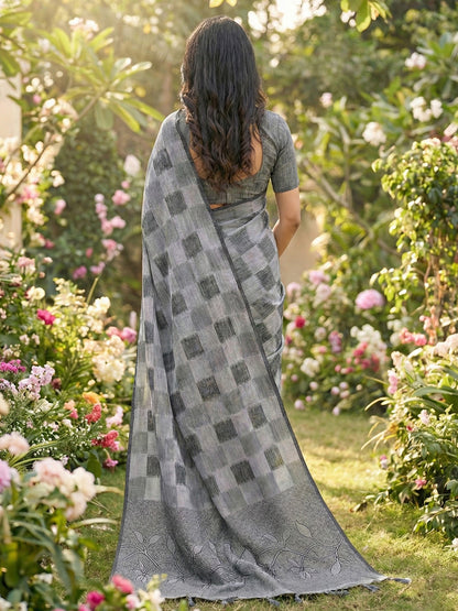 Sutriti Women Grey & Black Checkered Linen Blend Saree with Floral Pallu