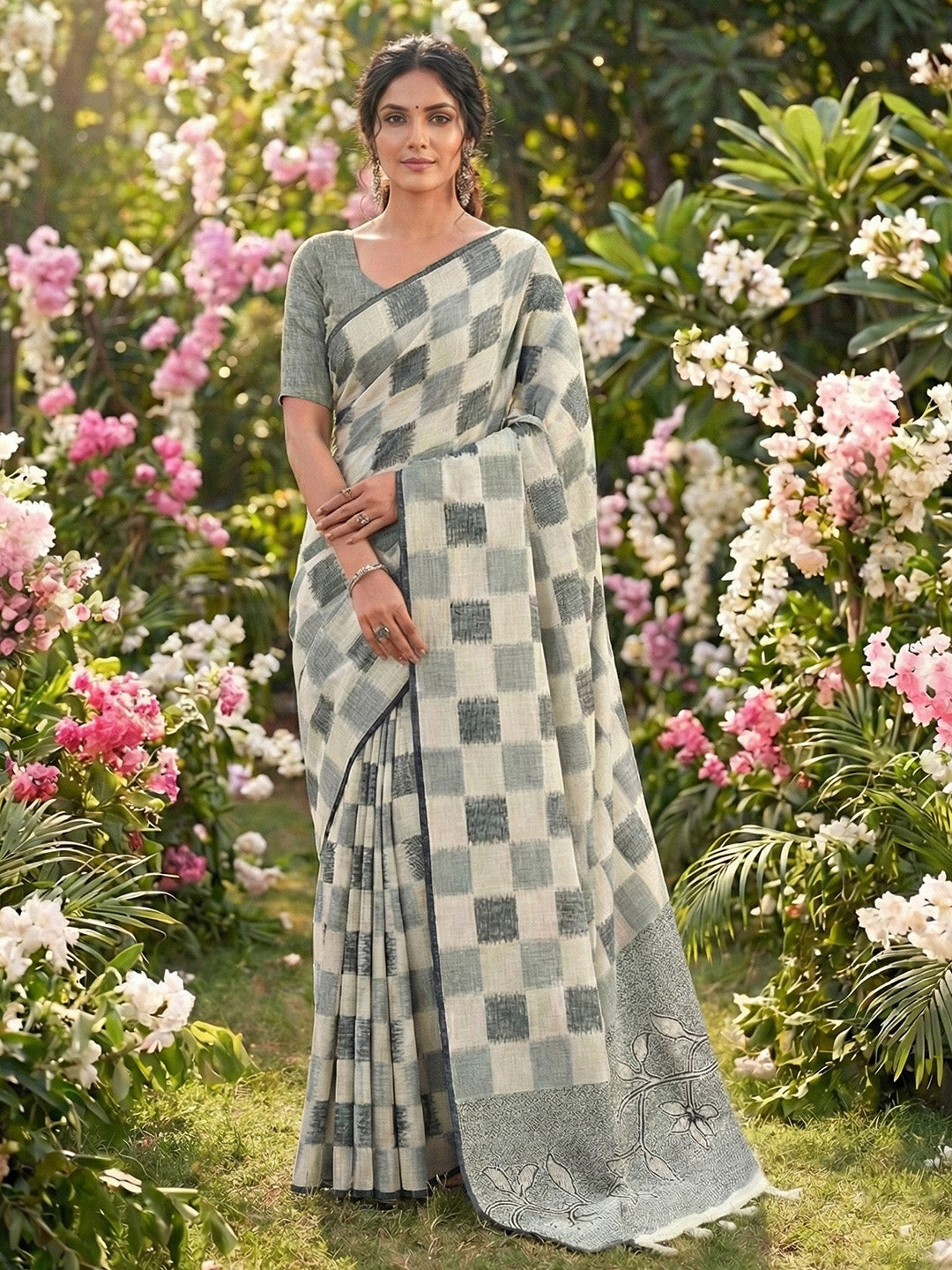 Sutriti Women Off-White & Blue Checkered Linen Blend Saree with Floral Pallu